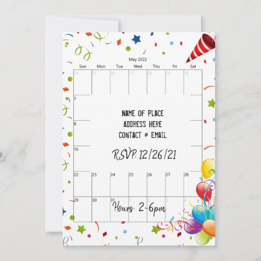 Mei 2022 Kalender Gelukkige Verjaardag Uitnodiging (Achterkant)