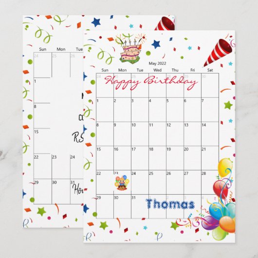 Mei 2022 Kalender Gelukkige Verjaardag Uitnodiging (Voorkant / Achterkant)