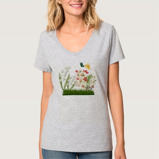 Mei Geboorte Bloemen en Stenen T-shirt (Voorkant)