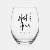 Meid van eer naam elegant script wijnglas zonder voet (Voorkant)