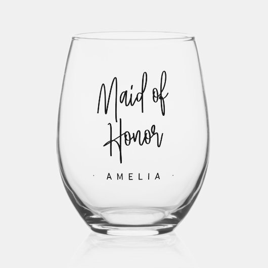 Meid van eer naam elegant script wijnglas zonder voet (Voorkant)