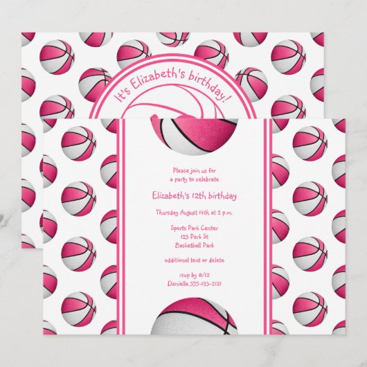 meiden roze witte basketbal verjaardag of teampart kaart (Voorkant / Achterkant)