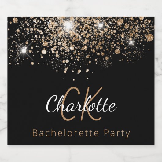 Meidenavond zwart goud glitters monogram sparkling wijnetiket (Enkel label)