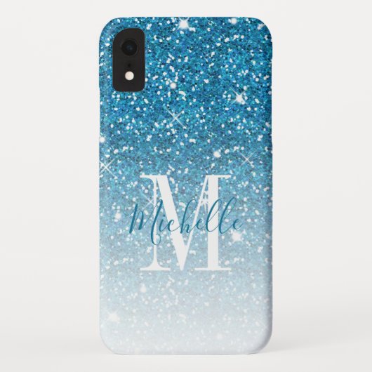 Meisblauw Glitter Sparkles Monogram Case-Mate iPhone Case (Achterkant)