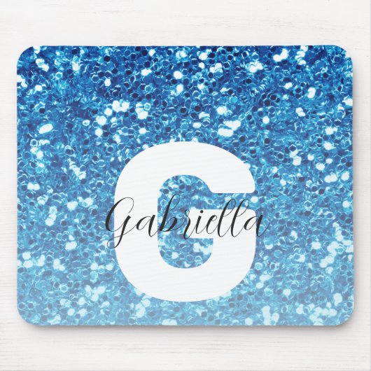 Meisblauw Glitter Sparkles Monogram Muismat (Voorkant)