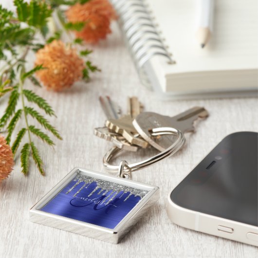 Meisblauw uitstrijken Glitter Brush Metal Monogram Sleutelhanger (Zijkant)