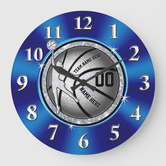 Meisblauw, zilver persoonlijke Basketball Clock Grote Klok (Voorkant)