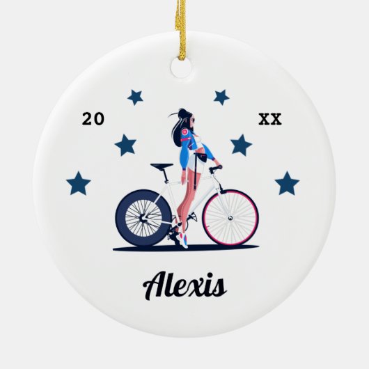 Meisencyclist Cyclusfiets Kind naam en jaar Keramisch Ornament (Achterkant)