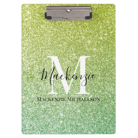 Meisgele groene Ombre Glitter Monogram Naam Klembord (Voorkant)