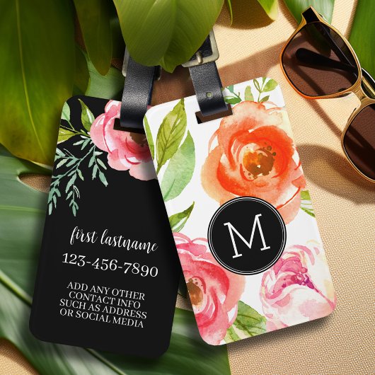 Meisgetinte Waterverf bloemen Aangepast monogram Bagagelabel
