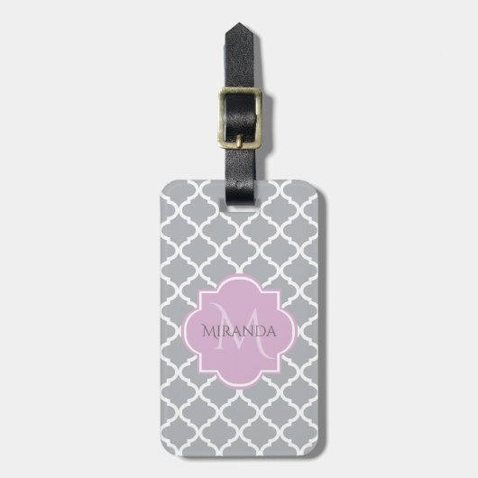 Meisgrijze Quatrefoil Lavender Monogram en naam Bagagelabel (Voorkant verticaal)