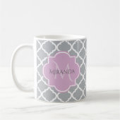 Meisgrijze Quatrefoil Lavender Monogram en naam Koffiemok (Links)