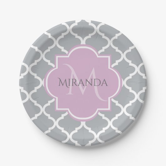 Meisgrijze Quatrefoil Lavender Monogram en naam Papieren Bordje (Voorkant)
