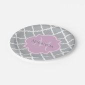 Meisgrijze Quatrefoil Lavender Monogram en naam Papieren Bordje (Gekanteld)