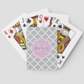Meisgrijze Quatrefoil Lavender Monogram en naam Pokerkaarten (Achterkant)