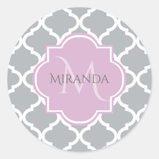 Meisgrijze Quatrefoil Lavender Monogram en naam Ronde Sticker (Voorkant)