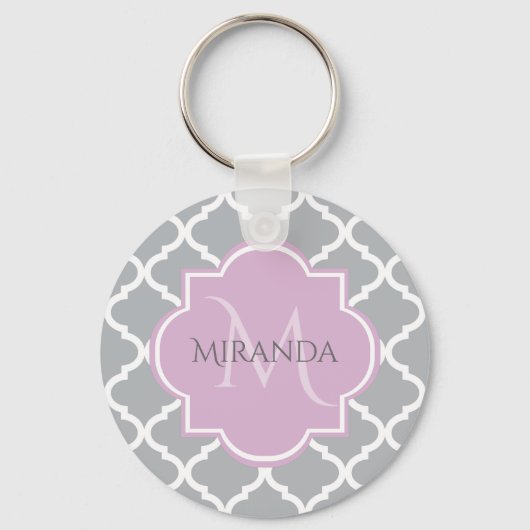 Meisgrijze Quatrefoil Lavender Monogram en naam Sleutelhanger (Voorkant)