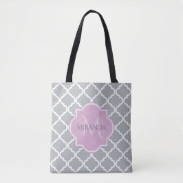 Meisgrijze Quatrefoil Lavender Monogram en naam Tote Bag