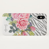 Meisgrijze zebra print roze roze rozen met naam Case-Mate iPhone case (Achterkant (horizontaal))