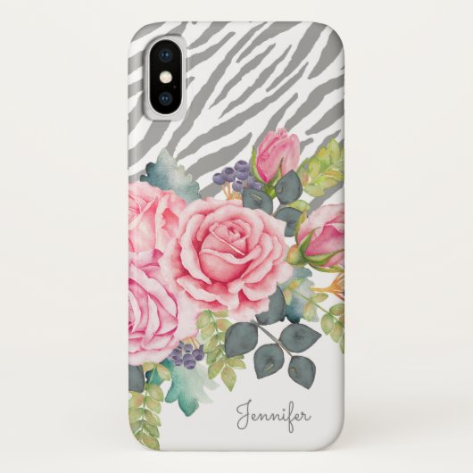 Meisgrijze zebra print roze roze rozen met naam Case-Mate iPhone case (Achterkant)