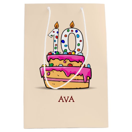 Meisje 10e verjaardag, 10 op de zoete roze Cake Medium Cadeauzakje (Voorkant)
