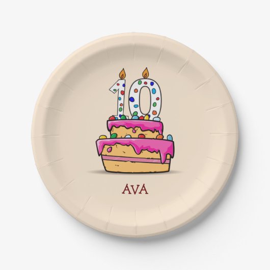 Meisje 10e verjaardag, 10 op de zoete roze Cake Papieren Bordje (Voorkant)