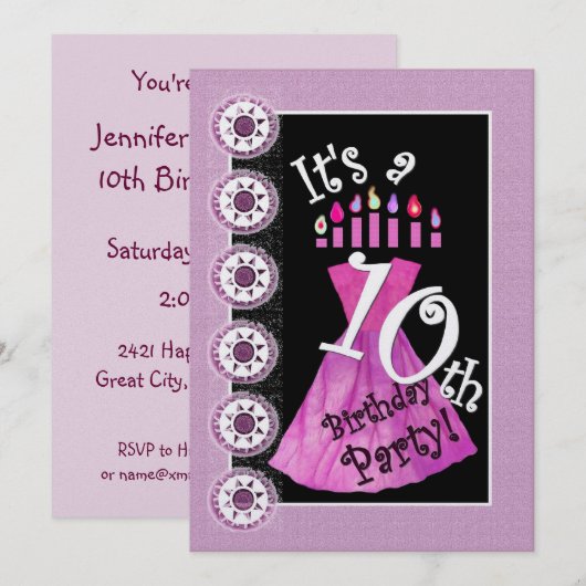 Meisje 10e verjaardag Party uitnodiging ROZE kaars (Voorkant / Achterkant)