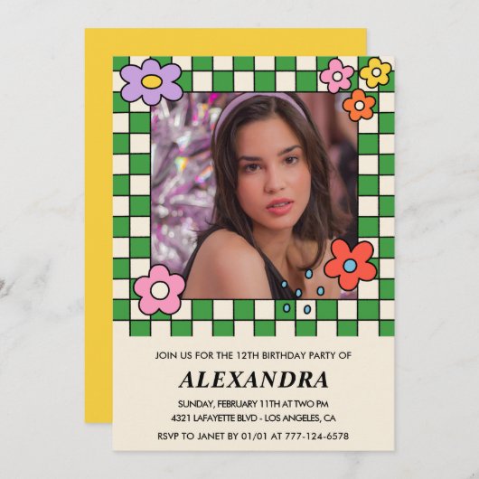 Meisje 13e verjaardag uitnodiging Retro Groovy Flo (Voorkant / Achterkant)