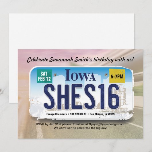 Meisje 16e verjaardag Iowa licentie uitnodiging (Voorkant / Achterkant)