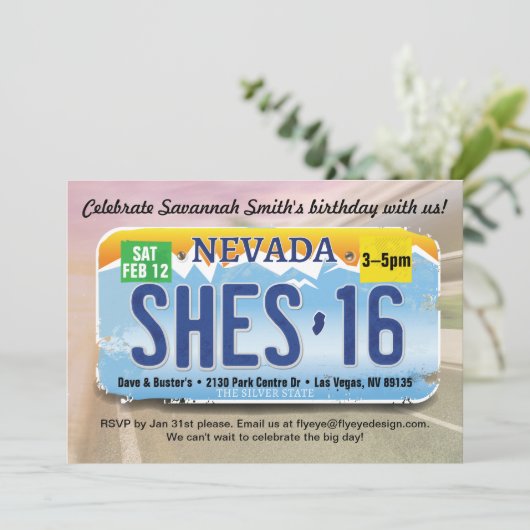 Meisje 16e verjaardag Nevada licentie uitnodiging (Staand voorkant)