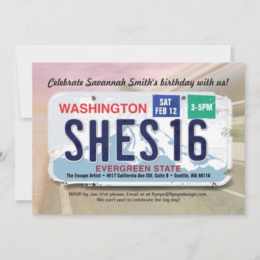 Meisje 16e verjaardag Washington License Invitatio Kaart (Voorkant)