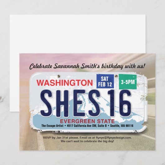 Meisje 16e verjaardag Washington License Invitatio Kaart (Voorkant / Achterkant)