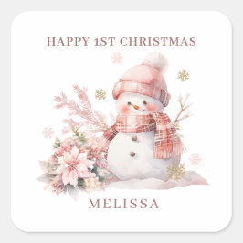 Meisje 1e Kerstmis roze sneeuwpop Vierkante Sticker