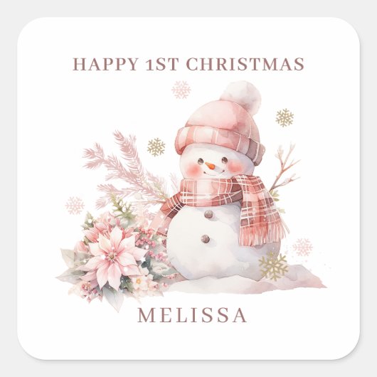 Meisje 1e Kerstmis roze sneeuwpop Vierkante Sticker (Voorkant)