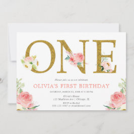 Meisje 1e verjaardag blush roze en gouden bloemen kaart