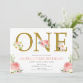 Meisje 1e verjaardag blush roze en gouden bloemen kaart (Staand voorkant)