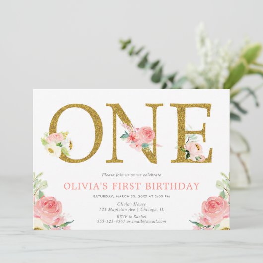 Meisje 1e verjaardag blush roze en gouden bloemen kaart (Staand voorkant)