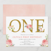 Meisje 1e verjaardag blush roze en gouden bloemen kaart (Voorkant / Achterkant)