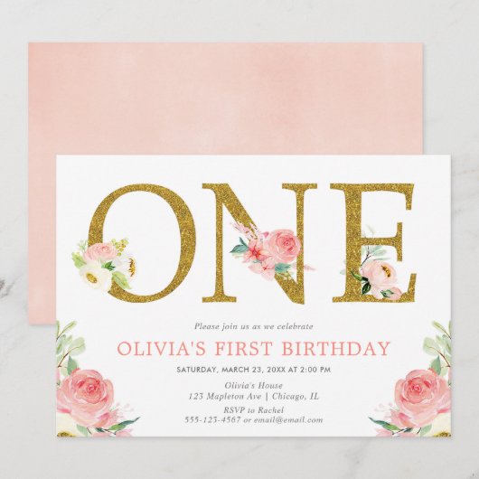 Meisje 1e verjaardag blush roze en gouden bloemen kaart (Voorkant / Achterkant)
