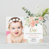 Meisje 1e verjaardag perzik gouden waterverven kaart (Staand voorkant)