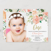 Meisje 1e verjaardag perzik gouden waterverven kaart (Voorkant / Achterkant)