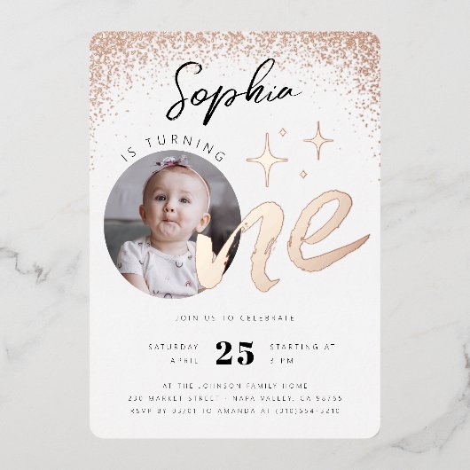 Meisje 1e Verjaardag Roos Gouden Foto Folie Uitnodiging (Voorkant)