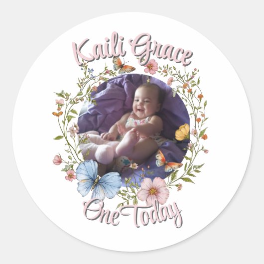 Meisje 1e verjaardag Spring Butterfly Ronde Sticker (Voorkant)