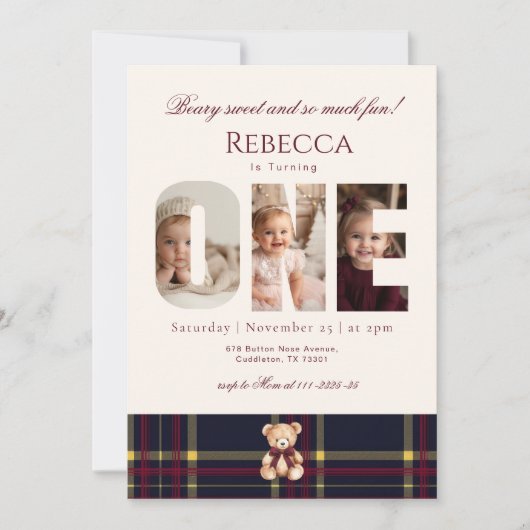 Meisje 1e Verjaardag Teddy Bear Foto Winter Kaart (Voorkant)