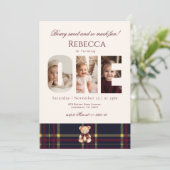 Meisje 1e Verjaardag Teddy Bear Foto Winter Kaart (Staand voorkant)