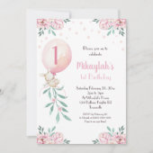 Meisje 1e verjaardag Uitnodiging Ballonnen Bunny P (Voorkant)