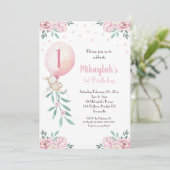 Meisje 1e verjaardag Uitnodiging Ballonnen Bunny P (Staand voorkant)