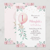 Meisje 1e verjaardag Uitnodiging Ballonnen Bunny P (Voorkant / Achterkant)