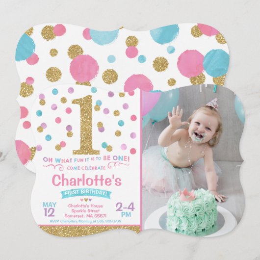 Meisje 1e verjaardag Uitnodiging Roze & Gold Confe (Voorkant / Achterkant)