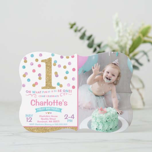 Meisje 1e verjaardag Uitnodiging Roze & Gold Confe (Staand voorkant)